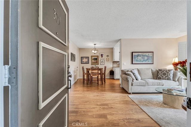 living room featuring light hardwood / wood-style flooring and a textured ceiling