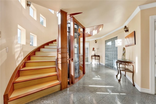 stairs with crown molding