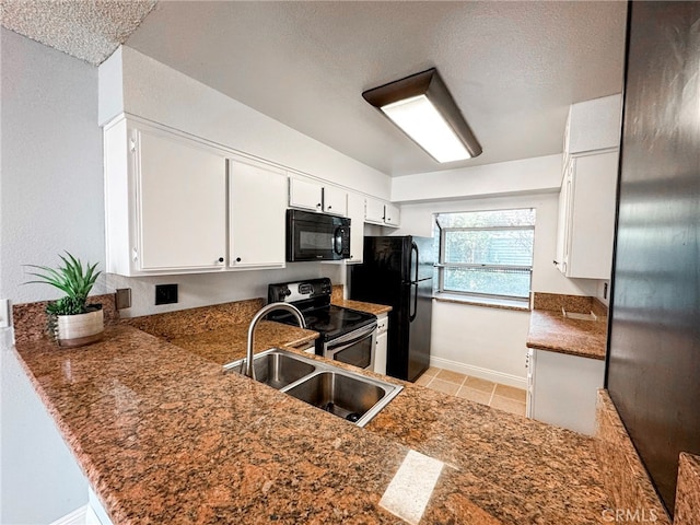 kitchen with white cabinets, sink, black appliances, and kitchen peninsula