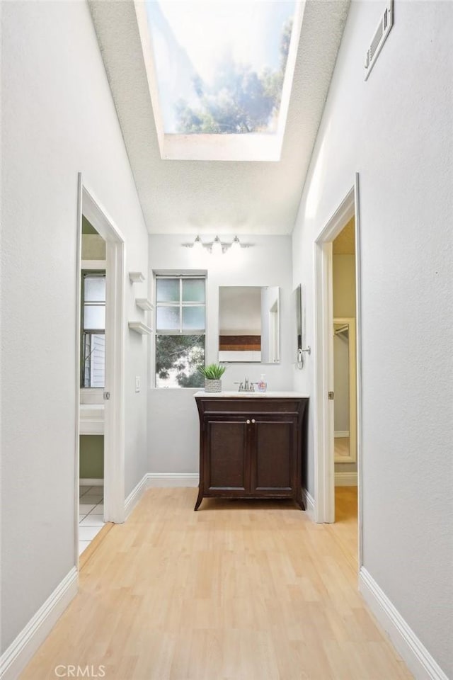 interior space featuring wood-type flooring, a skylight, and vanity