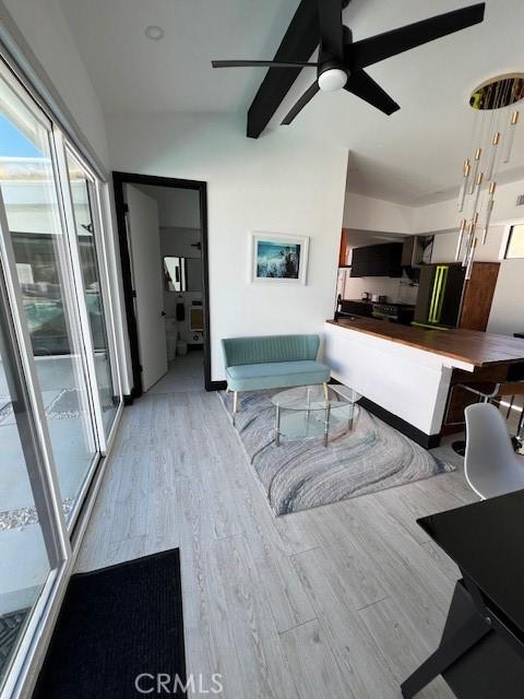 living room featuring ceiling fan and light hardwood / wood-style floors