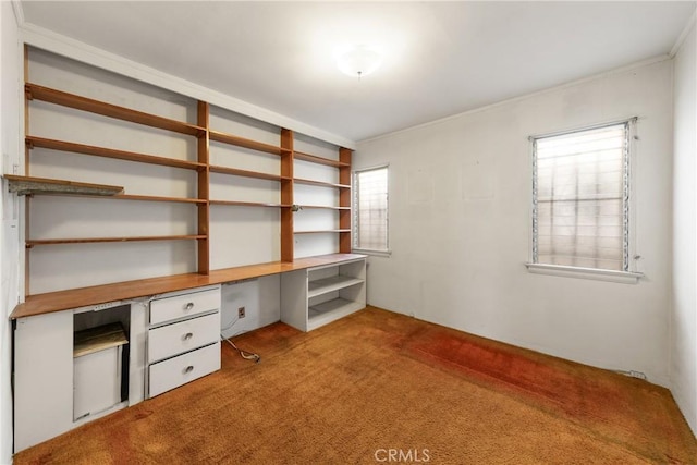 unfurnished office with built in desk and light colored carpet