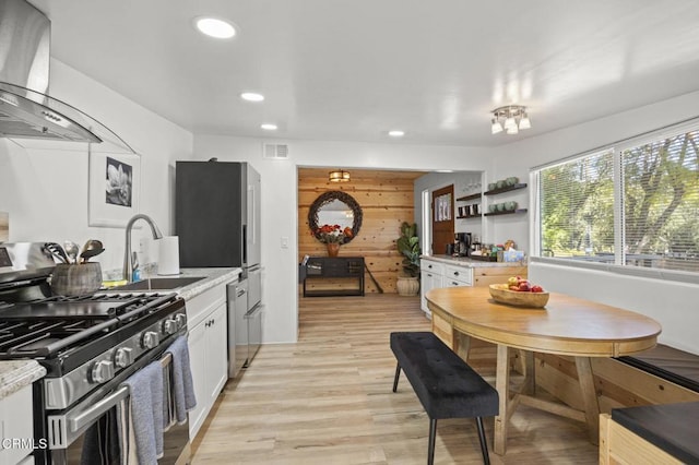 kitchen with white cabinetry, island exhaust hood, sink, and stainless steel gas stove