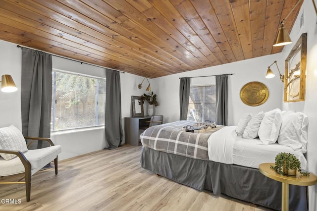 bedroom featuring vaulted ceiling, wooden ceiling, and light hardwood / wood-style floors