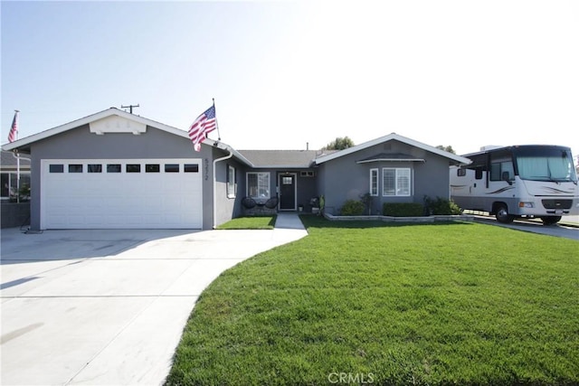 ranch-style home featuring a garage, a front lawn, concrete driveway, and stucco siding