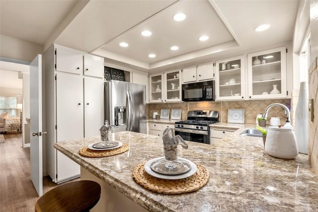 kitchen featuring light stone countertops, a tray ceiling, a peninsula, a sink, and stainless steel appliances