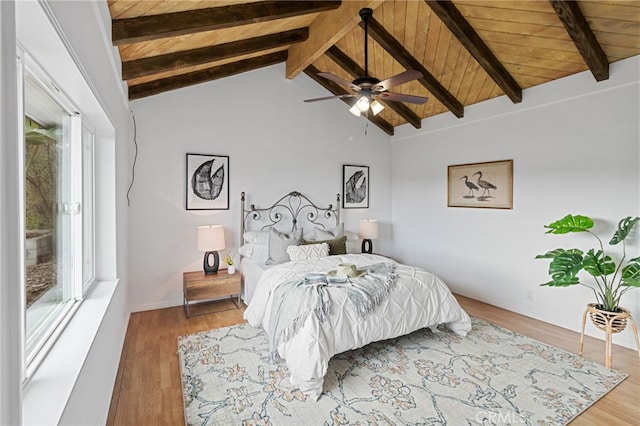 bedroom featuring vaulted ceiling with beams, wood ceiling, wood-type flooring, and ceiling fan