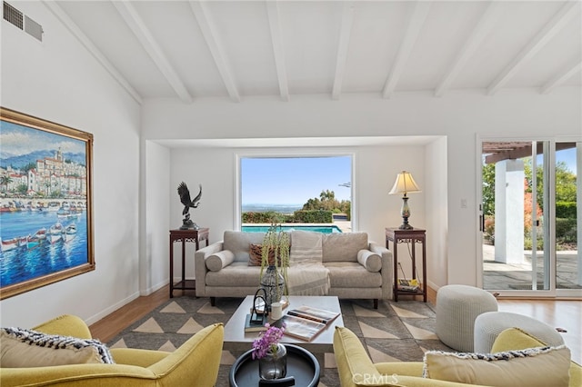 living room with beamed ceiling, hardwood / wood-style flooring, and a healthy amount of sunlight