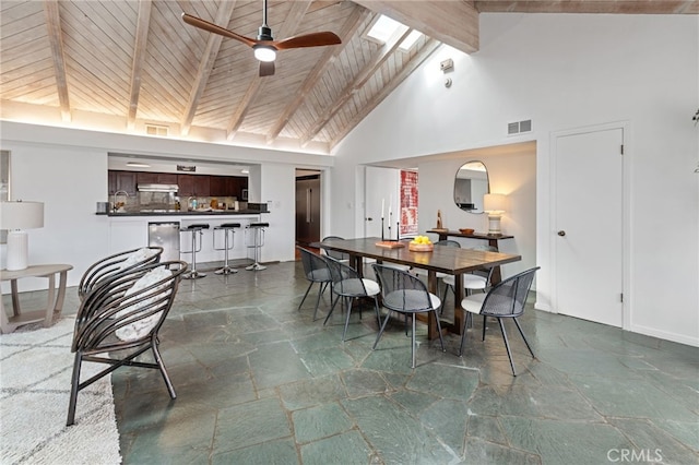 dining room with ceiling fan, high vaulted ceiling, wooden ceiling, and beam ceiling