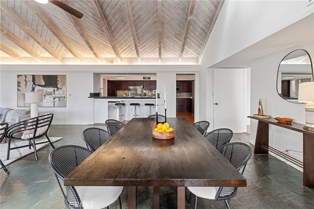 dining area featuring beamed ceiling, high vaulted ceiling, and wooden ceiling