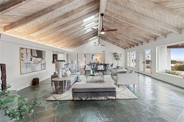 living room with beamed ceiling, ceiling fan, high vaulted ceiling, and wood ceiling
