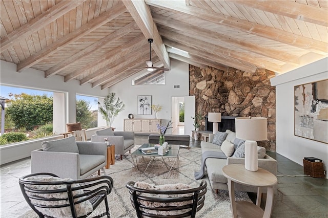 living room with high vaulted ceiling, beam ceiling, wooden ceiling, and ceiling fan