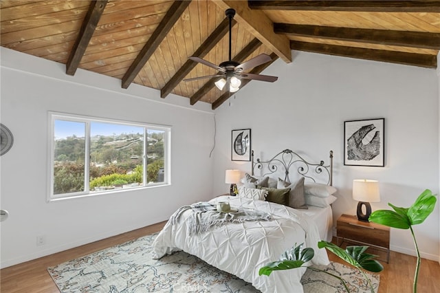 bedroom with wood ceiling, ceiling fan, lofted ceiling with beams, and hardwood / wood-style flooring