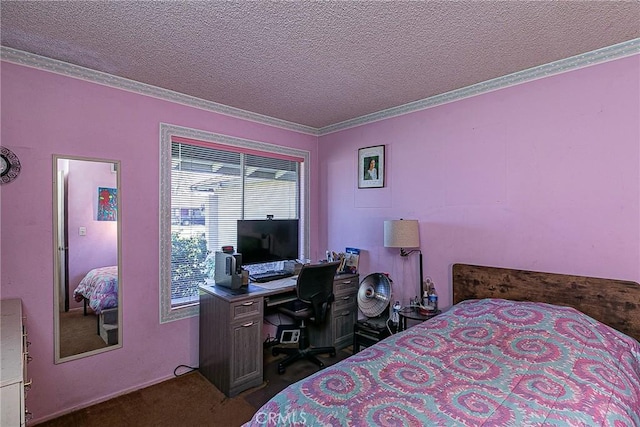 carpeted bedroom with ornamental molding and a textured ceiling