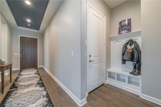 interior space with dark wood-type flooring