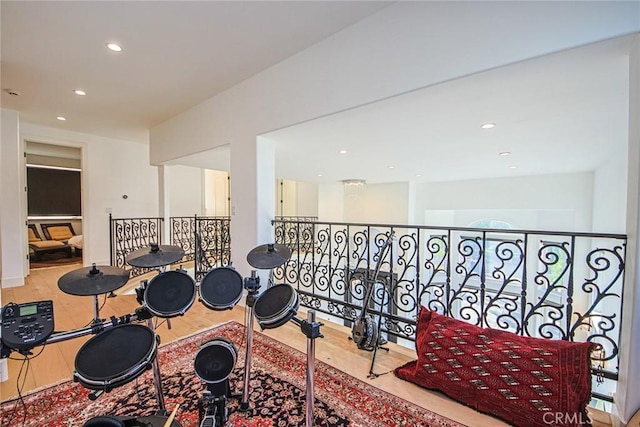 workout room featuring hardwood / wood-style flooring