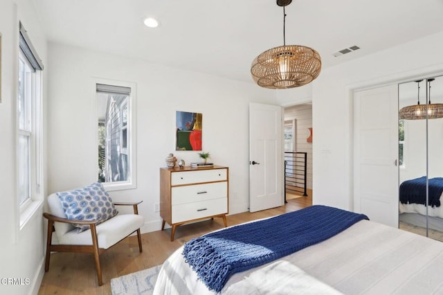 bedroom with wood-type flooring and a closet