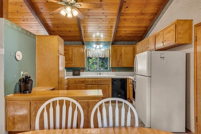 kitchen featuring wood ceiling, lofted ceiling with beams, kitchen peninsula, dishwasher, and white fridge