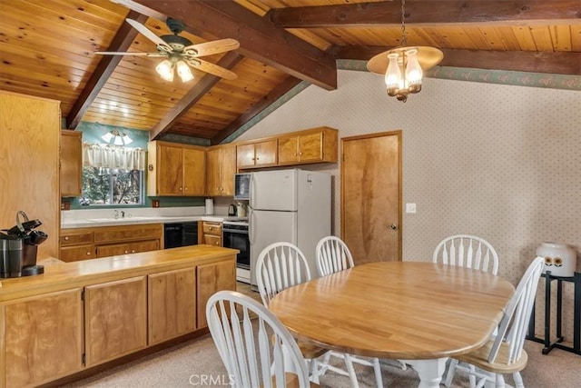 kitchen featuring pendant lighting, wood ceiling, white appliances, lofted ceiling with beams, and light carpet