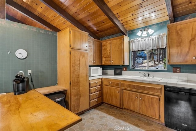 kitchen with lofted ceiling with beams, dishwasher, sink, and wooden ceiling