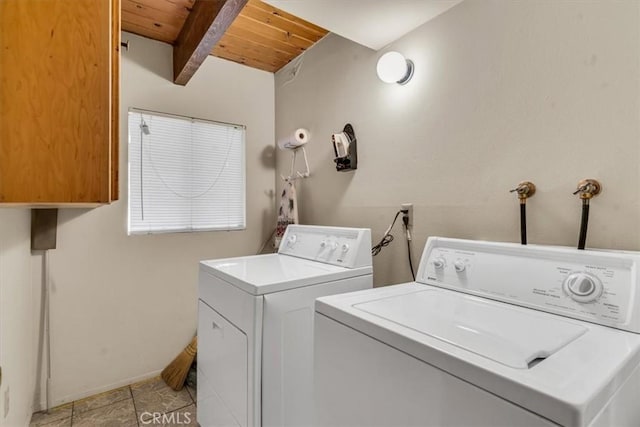 clothes washing area featuring wood ceiling and washing machine and clothes dryer