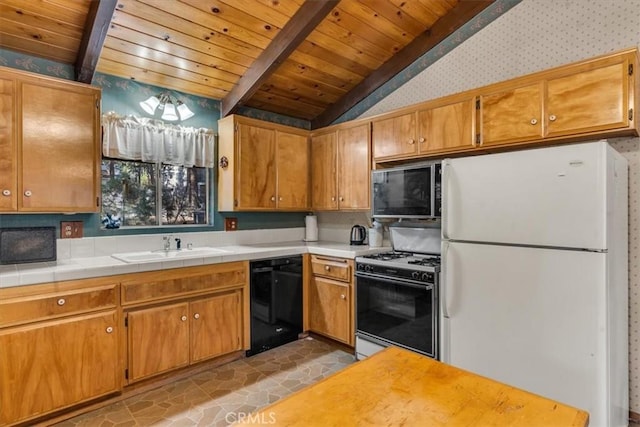 kitchen with sink, wood ceiling, lofted ceiling with beams, tile counters, and white appliances