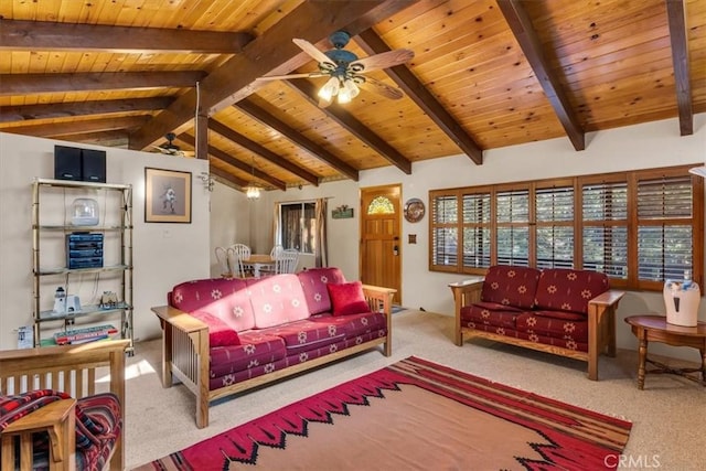 carpeted living room featuring wood ceiling, ceiling fan, and lofted ceiling with beams