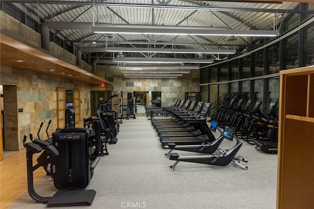 workout area with a high ceiling