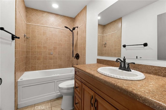 bathroom with bathing tub / shower combination, toilet, tile patterned floors, vanity, and recessed lighting