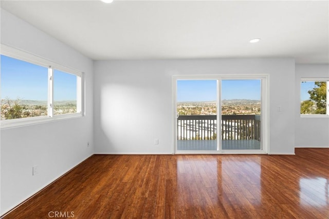 empty room featuring recessed lighting, plenty of natural light, and wood finished floors