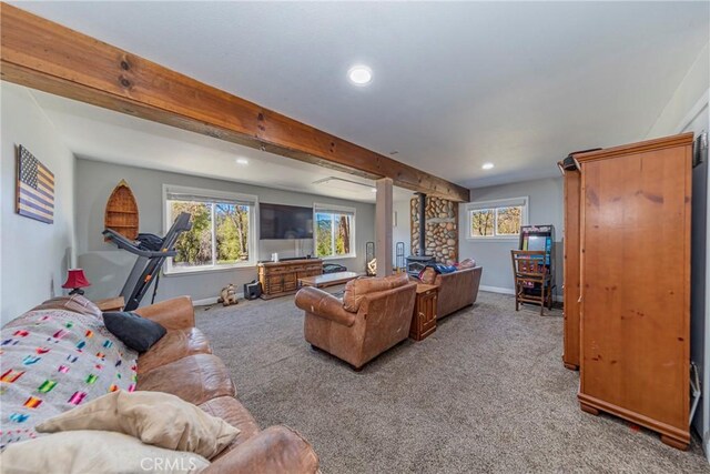 36763 Venado Dr, Coarsegold, CA 93614 - carpeted living area featuring a wood stove, plenty of natural light, and recessed lighting