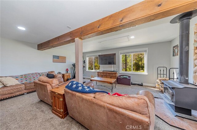 36763 Venado Dr, Coarsegold, CA 93614 - living area with a wood stove, light carpet, recessed lighting, and beam ceiling
