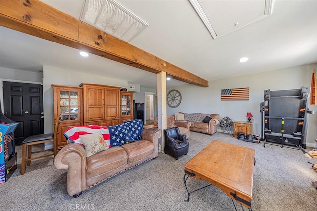 36763 Venado Dr, Coarsegold, CA 93614 - carpeted living area featuring recessed lighting, beam ceiling, and attic access