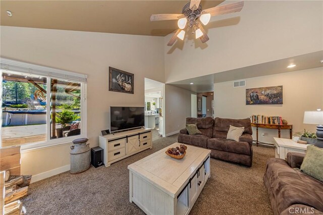 36763 Venado Dr, Coarsegold, CA 93614 - carpeted living area with a ceiling fan and high vaulted ceiling