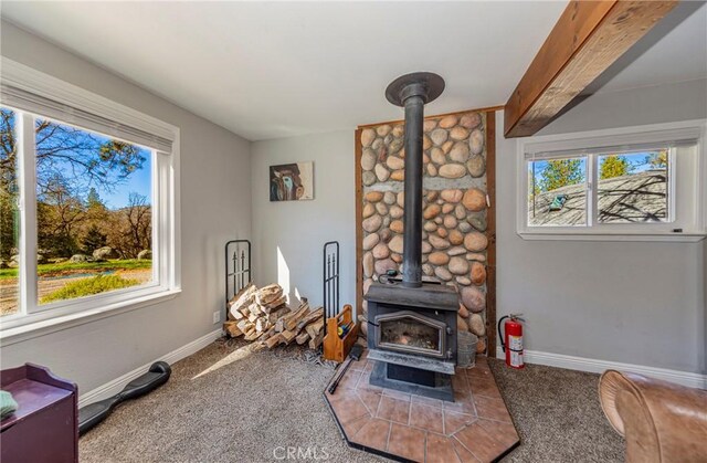 36763 Venado Dr, Coarsegold, CA 93614 - living area featuring a wood stove and carpet floors