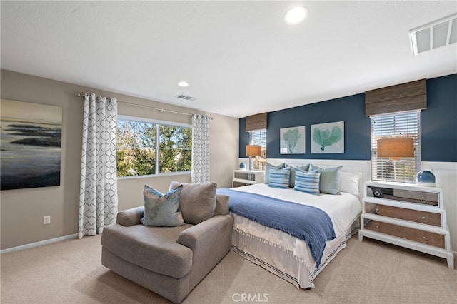 bedroom featuring carpet flooring, visible vents, and recessed lighting