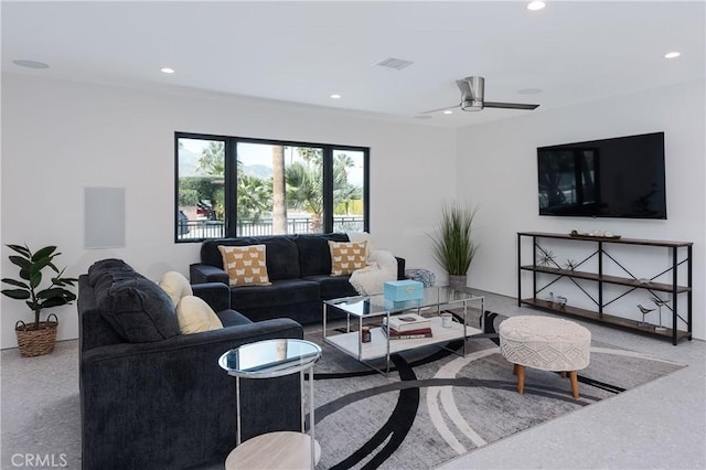 living room with ceiling fan