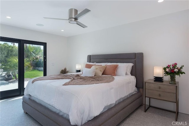 bedroom with access to outside and ceiling fan