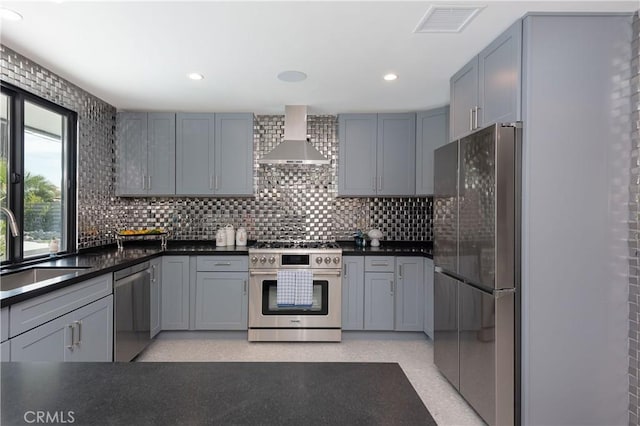 kitchen featuring wall chimney exhaust hood, sink, gray cabinetry, stainless steel appliances, and decorative backsplash