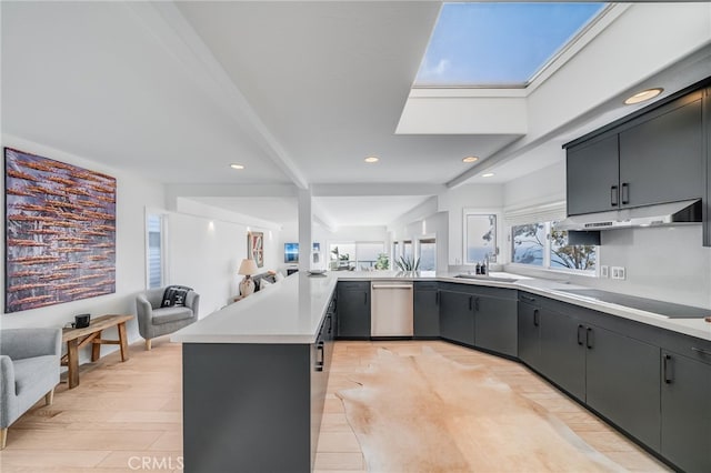 kitchen with sink, dishwasher, a skylight, black electric stovetop, and kitchen peninsula