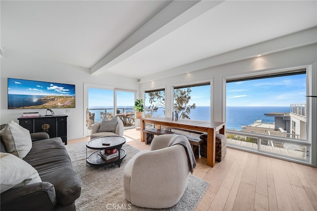 living room featuring a water view, hardwood / wood-style floors, and beam ceiling