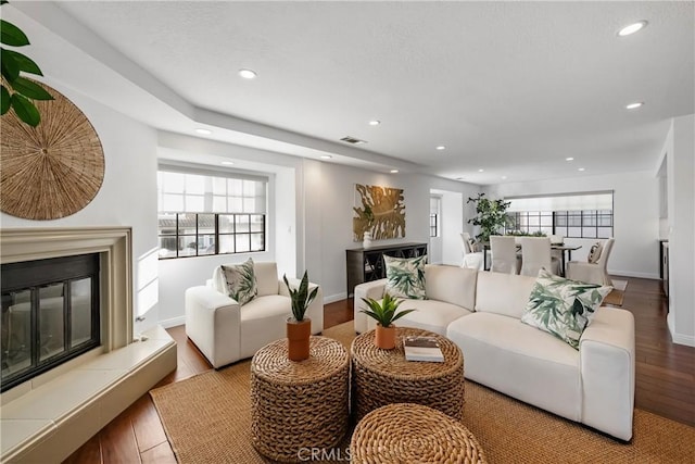 living room featuring hardwood / wood-style flooring and a healthy amount of sunlight