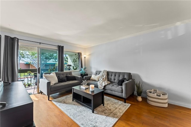 living room featuring ornamental molding and hardwood / wood-style flooring