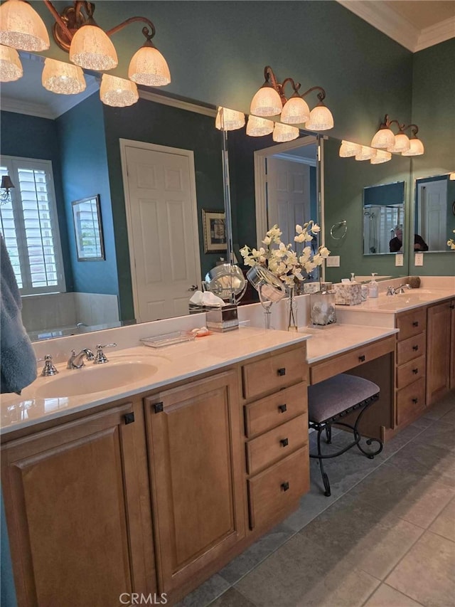 bathroom featuring tile patterned flooring, crown molding, and vanity