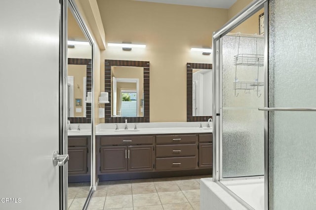 bathroom featuring tile patterned flooring, vanity, and a shower with shower door