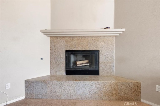 details featuring a fireplace and baseboards