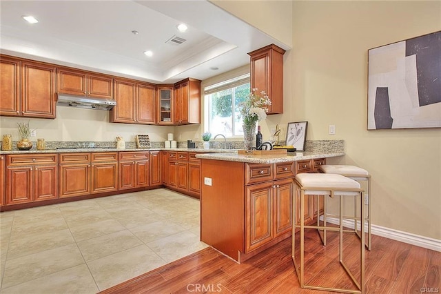 kitchen featuring a breakfast bar, black cooktop, a tray ceiling, kitchen peninsula, and light hardwood / wood-style floors