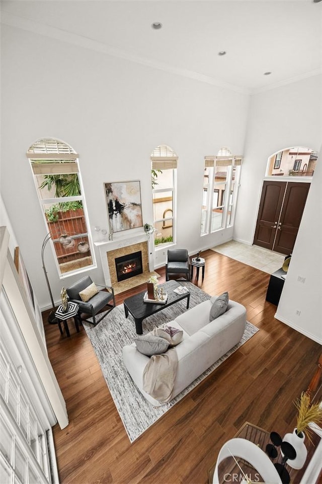 living room with a premium fireplace, wood finished floors, baseboards, and ornamental molding