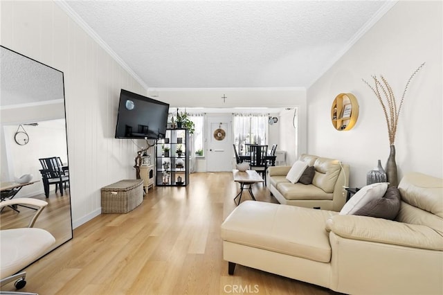 living room with hardwood / wood-style flooring, crown molding, and a textured ceiling