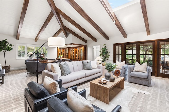 living room with french doors, high vaulted ceiling, light carpet, and beamed ceiling